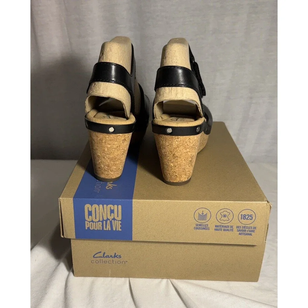 NEW NIB CLARKS Annadel Clover Wedge Sandal Size 7 WIDE Black Leather Shoes Women